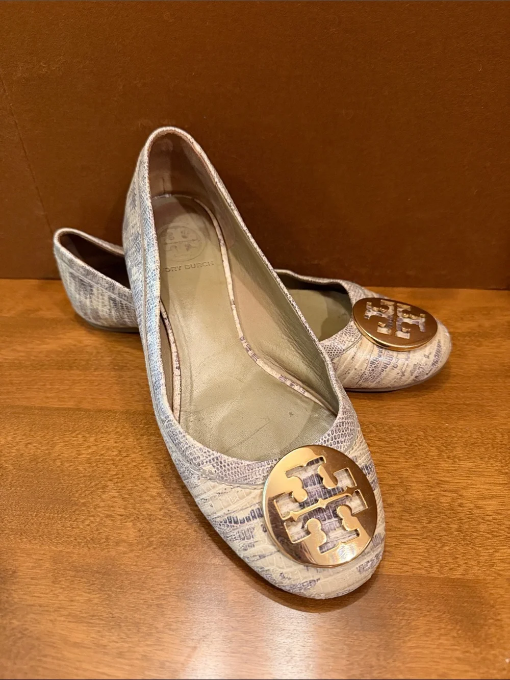 Tory Burch Light Neutral Patterned Logo Ballet Flats with Gold Medallions
